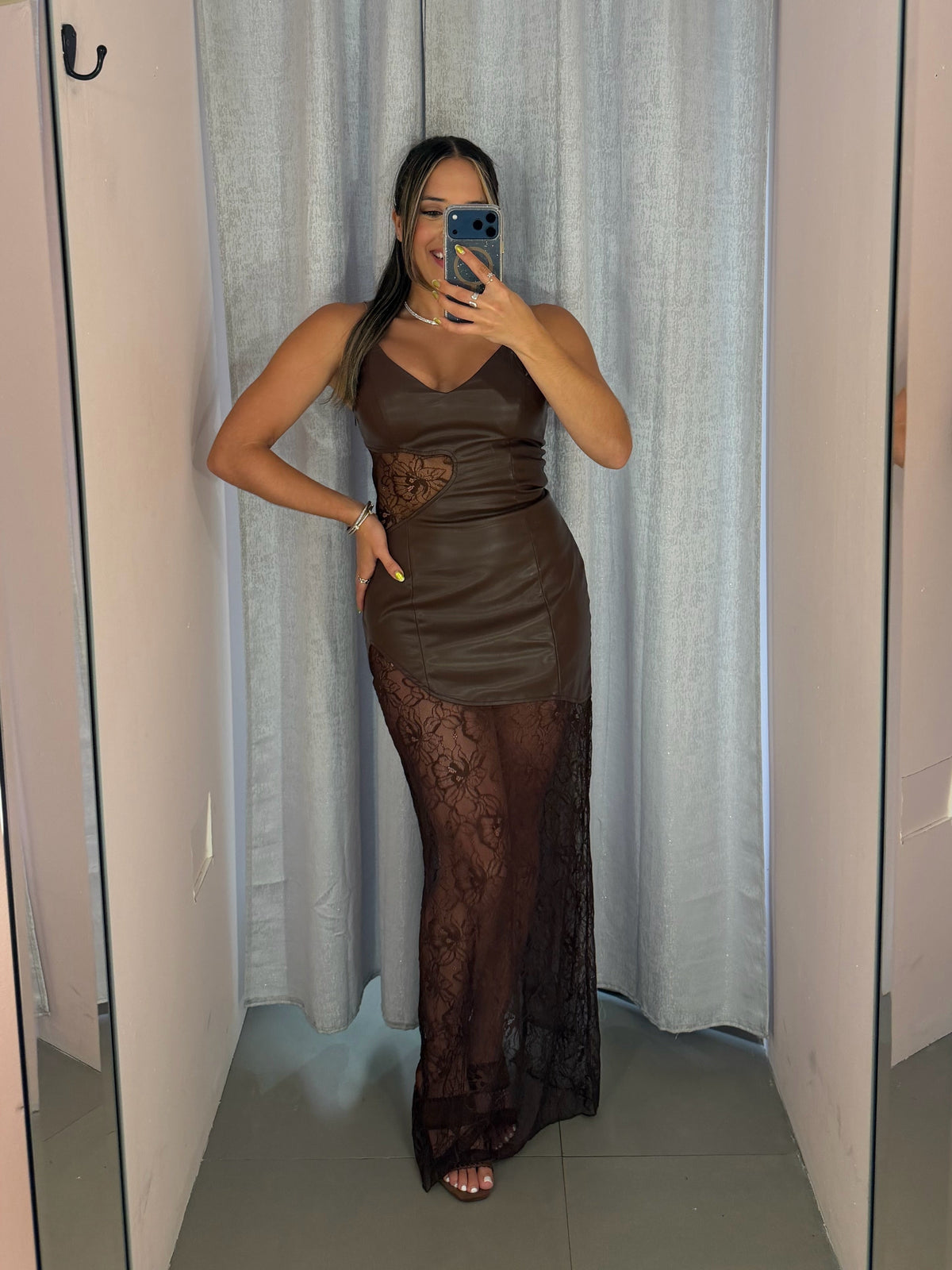 Lace Leather Brown Dress
