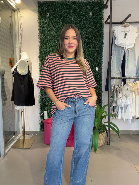 Pink Green Stripe Top