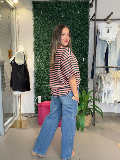 Pink Green Stripe Top
