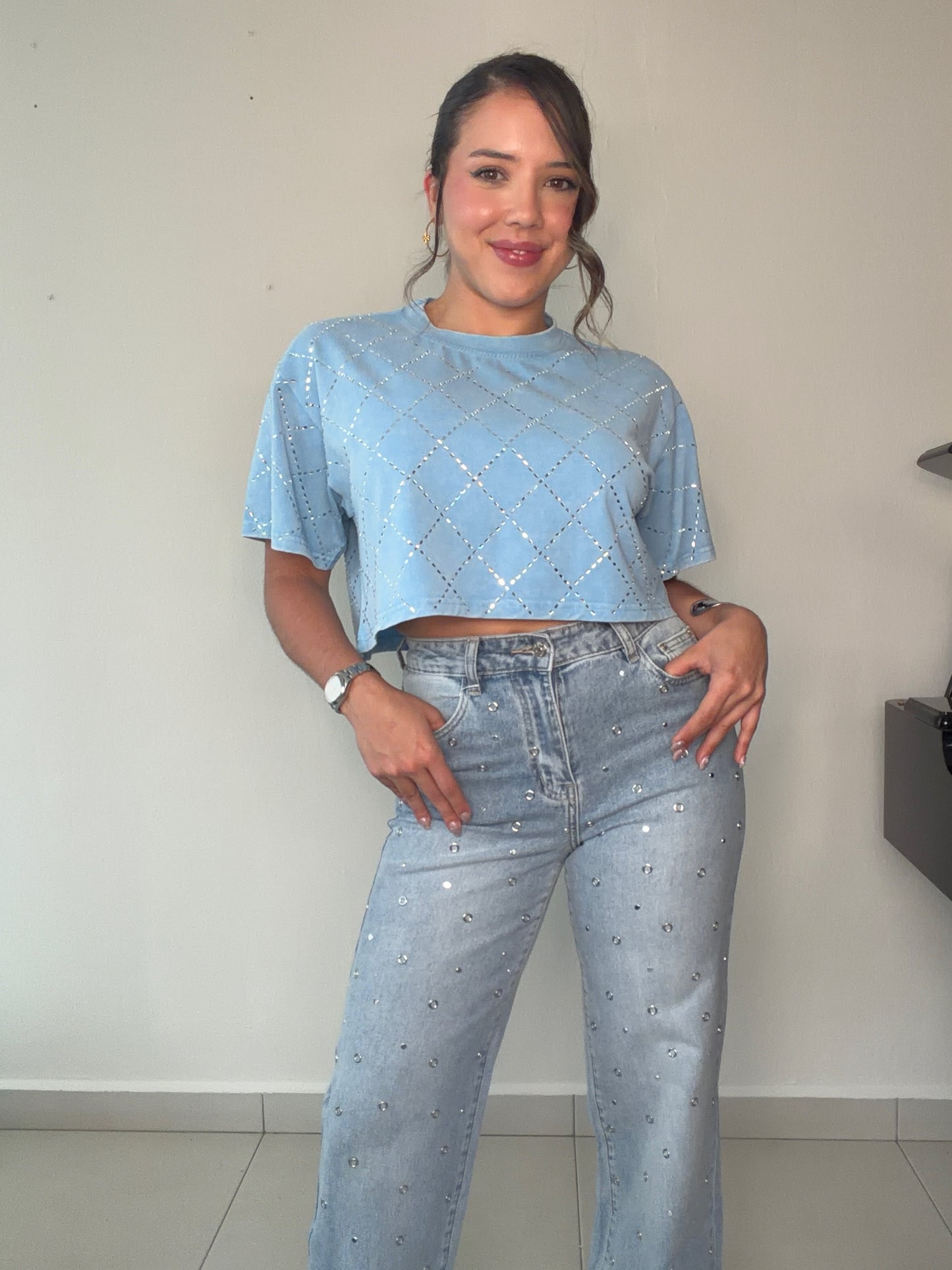 Rhinestone Crop Top Blue